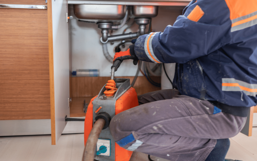 Plumber using drain cleaning machine under kitchen sink cabinet to clear clogged pipes in a home kitchen